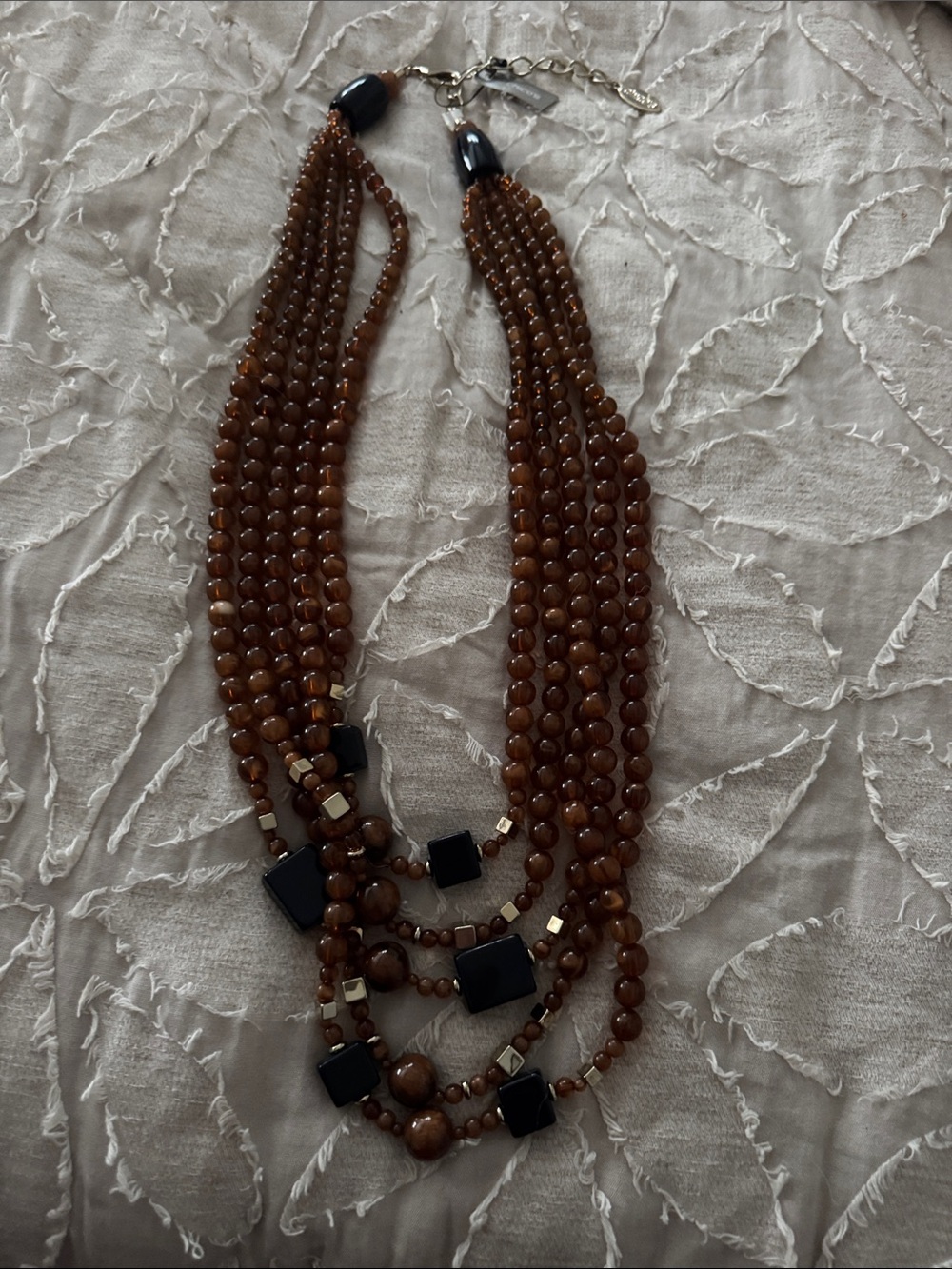 Chico's Brown Multi-Strand Beaded Statement Necklace with Black Accents